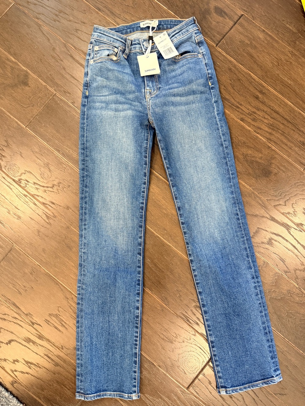 NWT SIMKHAI Sawyer High Rise Straight Leg Jeans in Saltan Light Wash Size 24